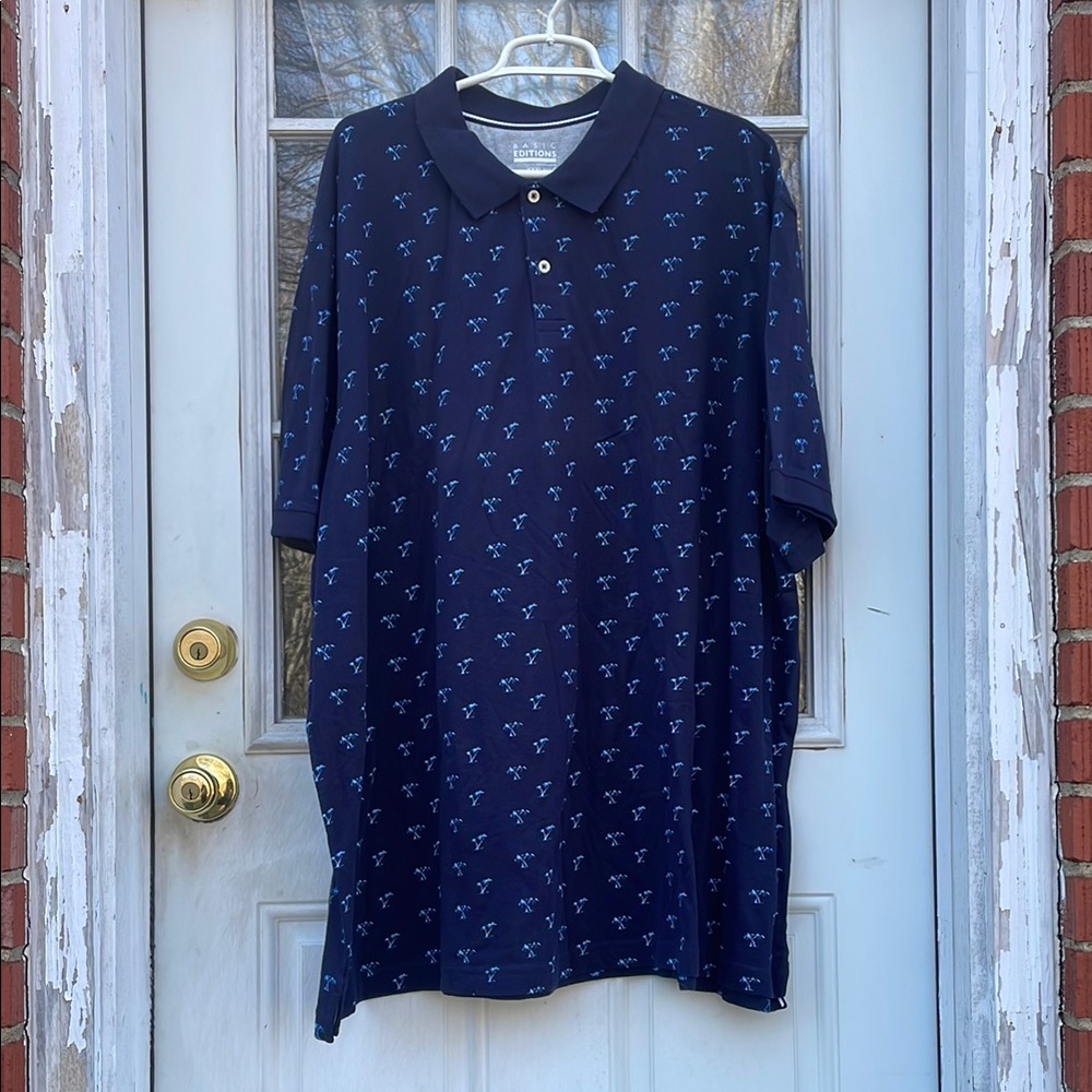 Basic Editions Navy Polo with Light Blue Palm Print